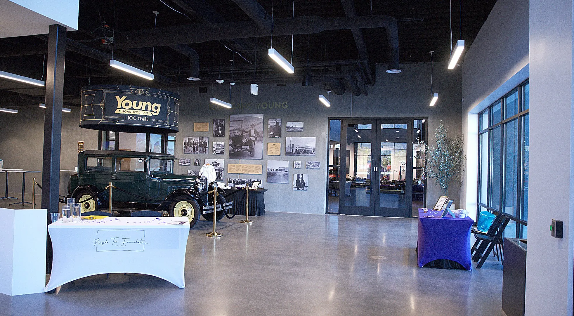 The reception desk and showroom seen from the atrium