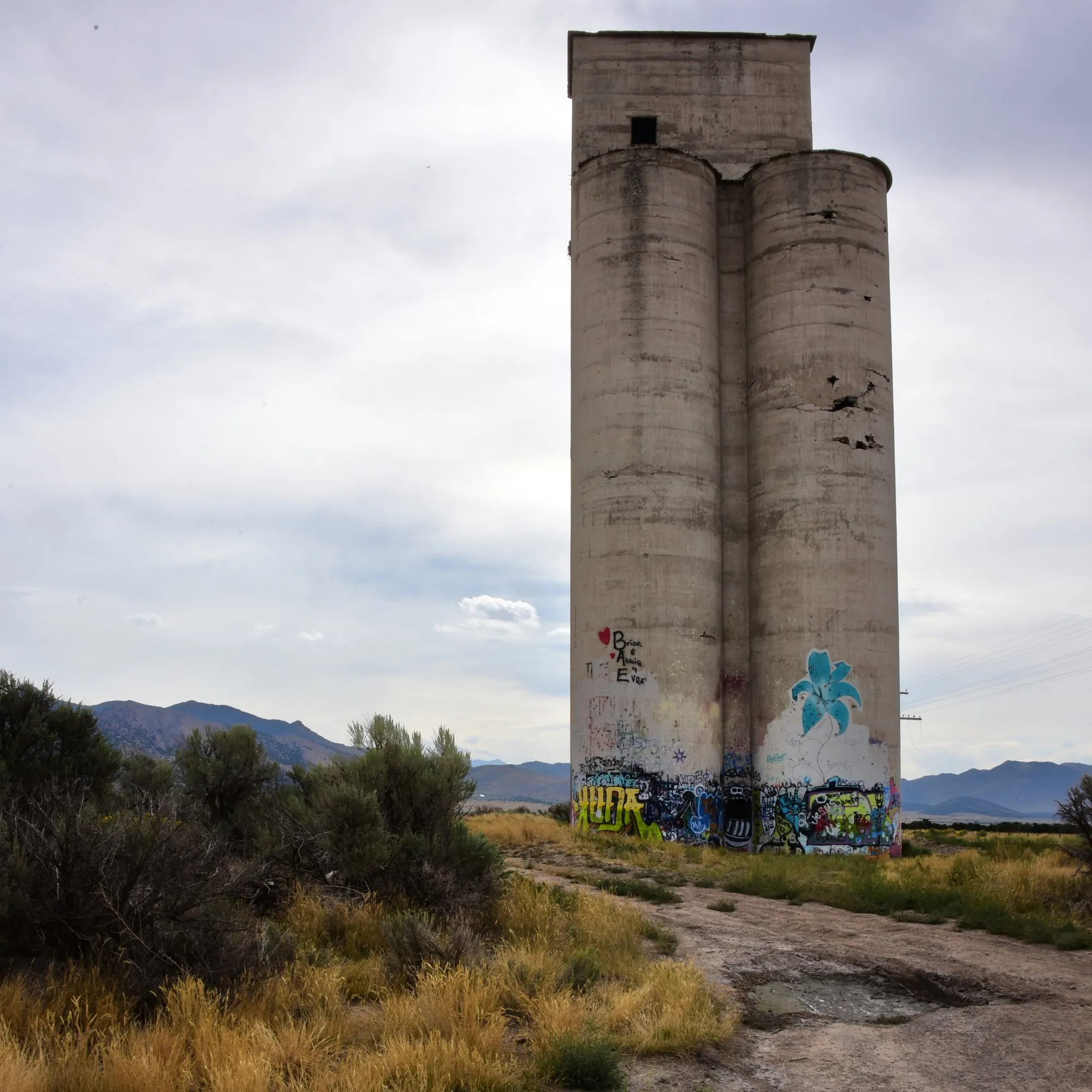 Abandoned concrete grain silo with graffiti under a wide desert sky